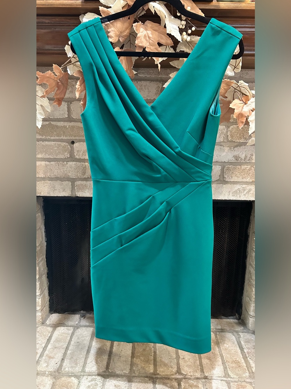 Nicole Miller Teal Draped V-Neck Midi Sheath Dress EUC